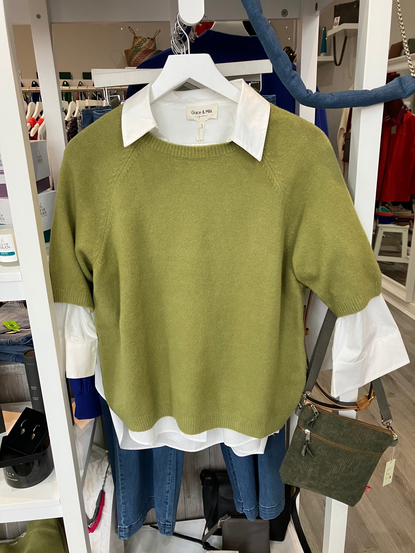 Yaya short sleeve sweater in olive melange