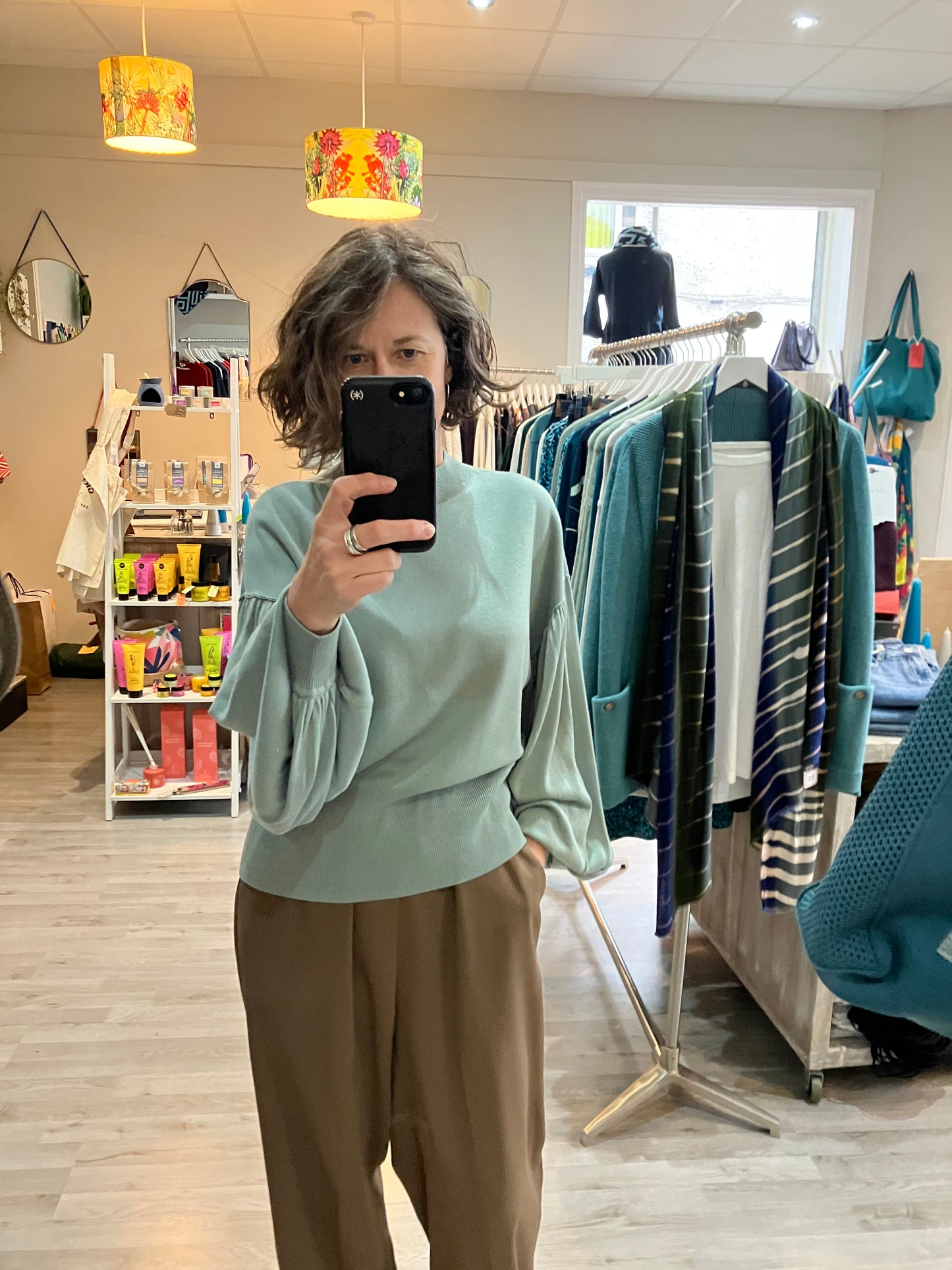 Yaya soft sweater with puff sleeve and turtleneck in jade green