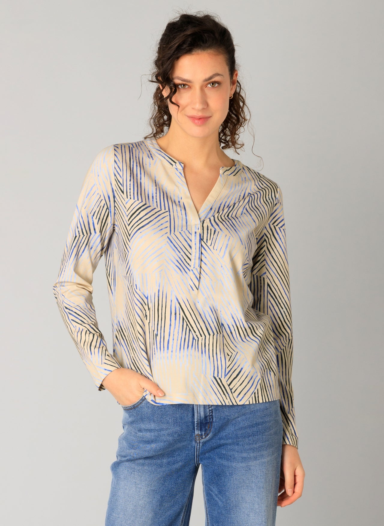 Yest Raissa beige blouse with cobalt and navy abstract stripe