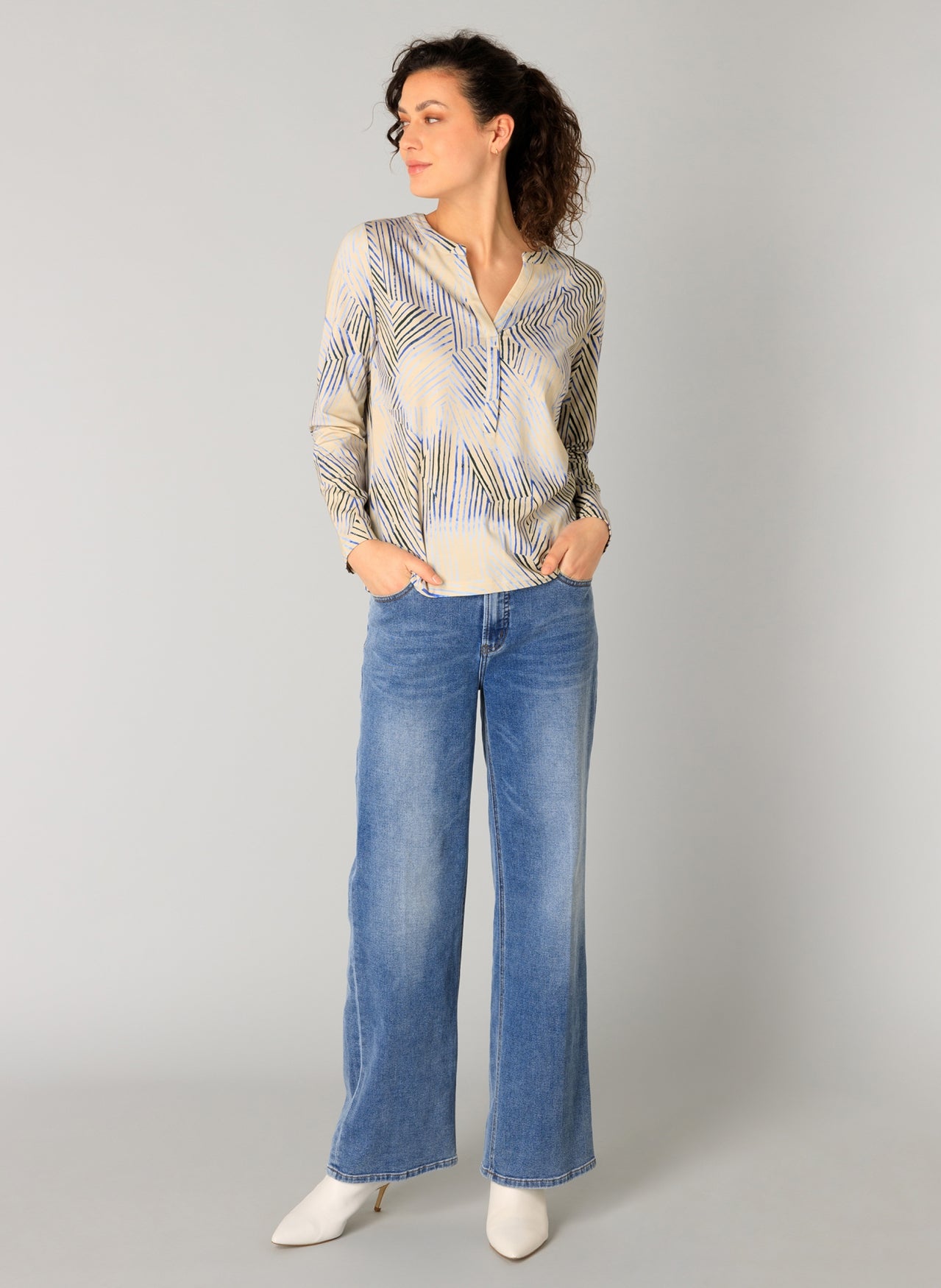 Yest Raissa beige blouse with cobalt and navy abstract stripe