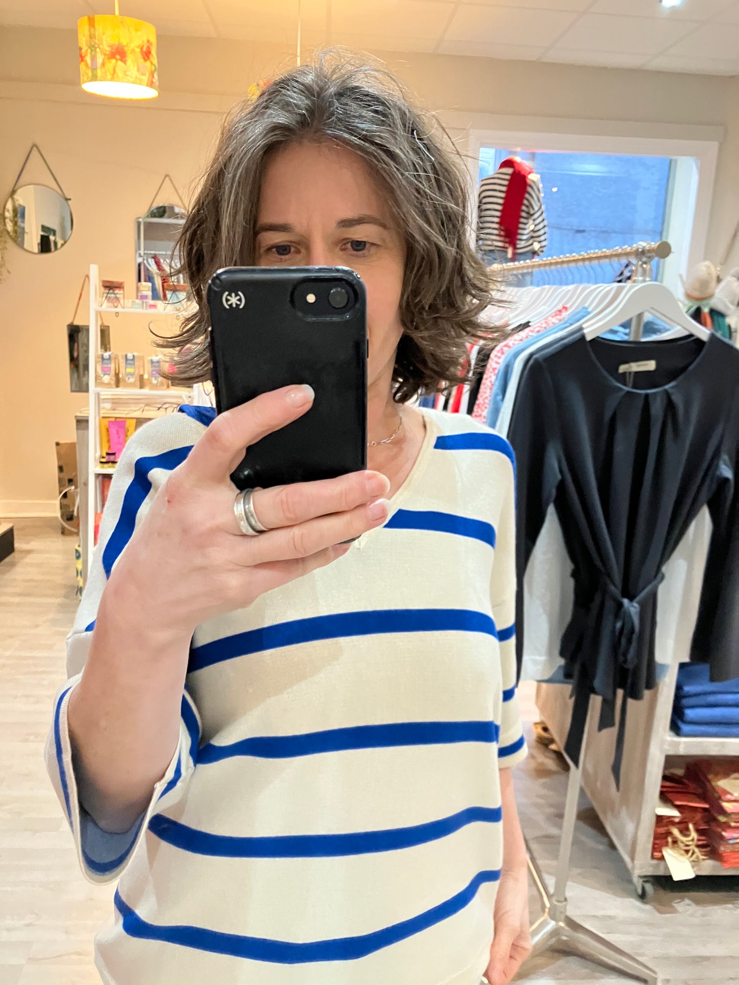 Yest Raine beige and cobalt stripe v neck sweater