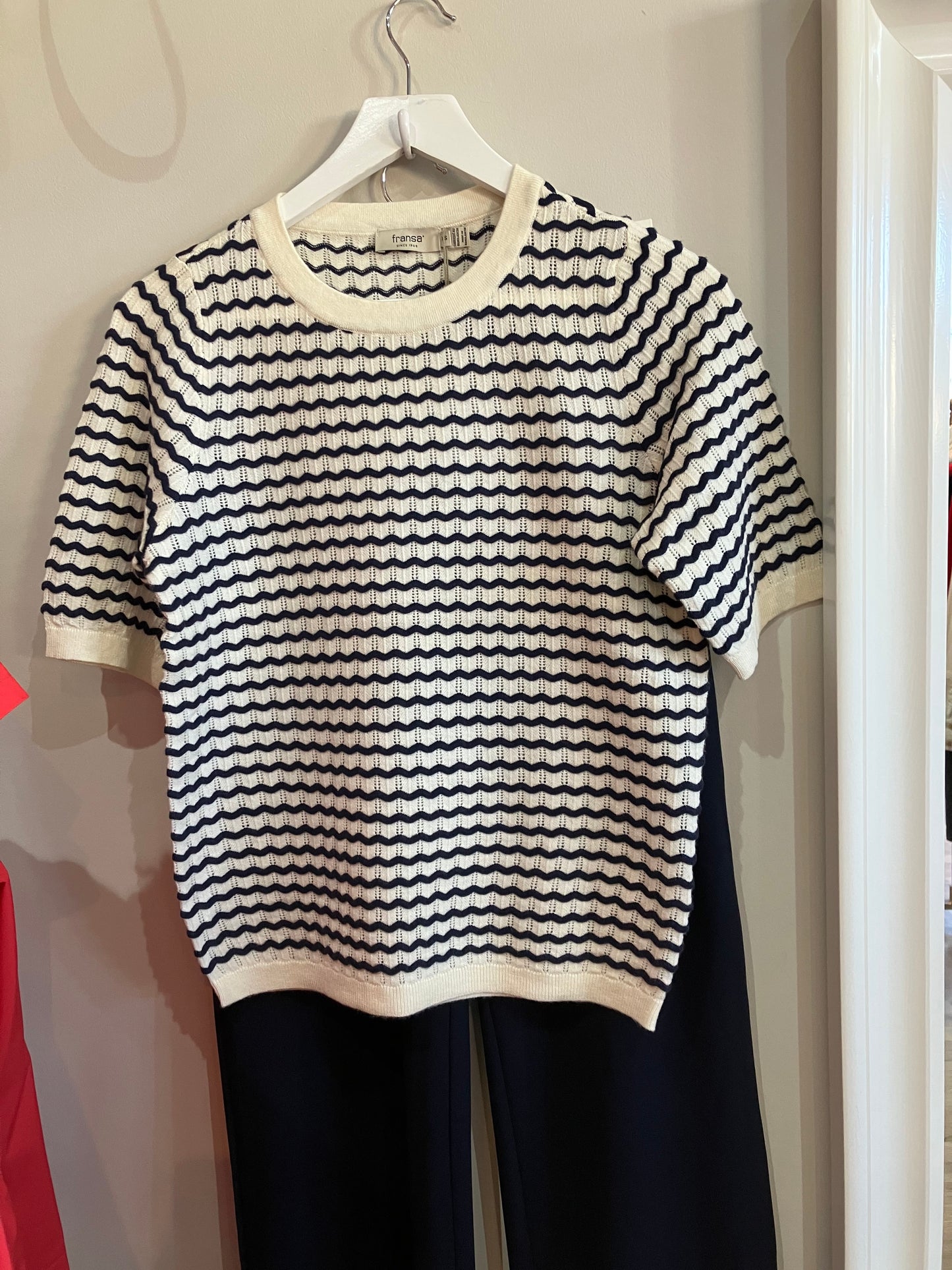 Fransa Luma sweater in ecru with deep navy wave