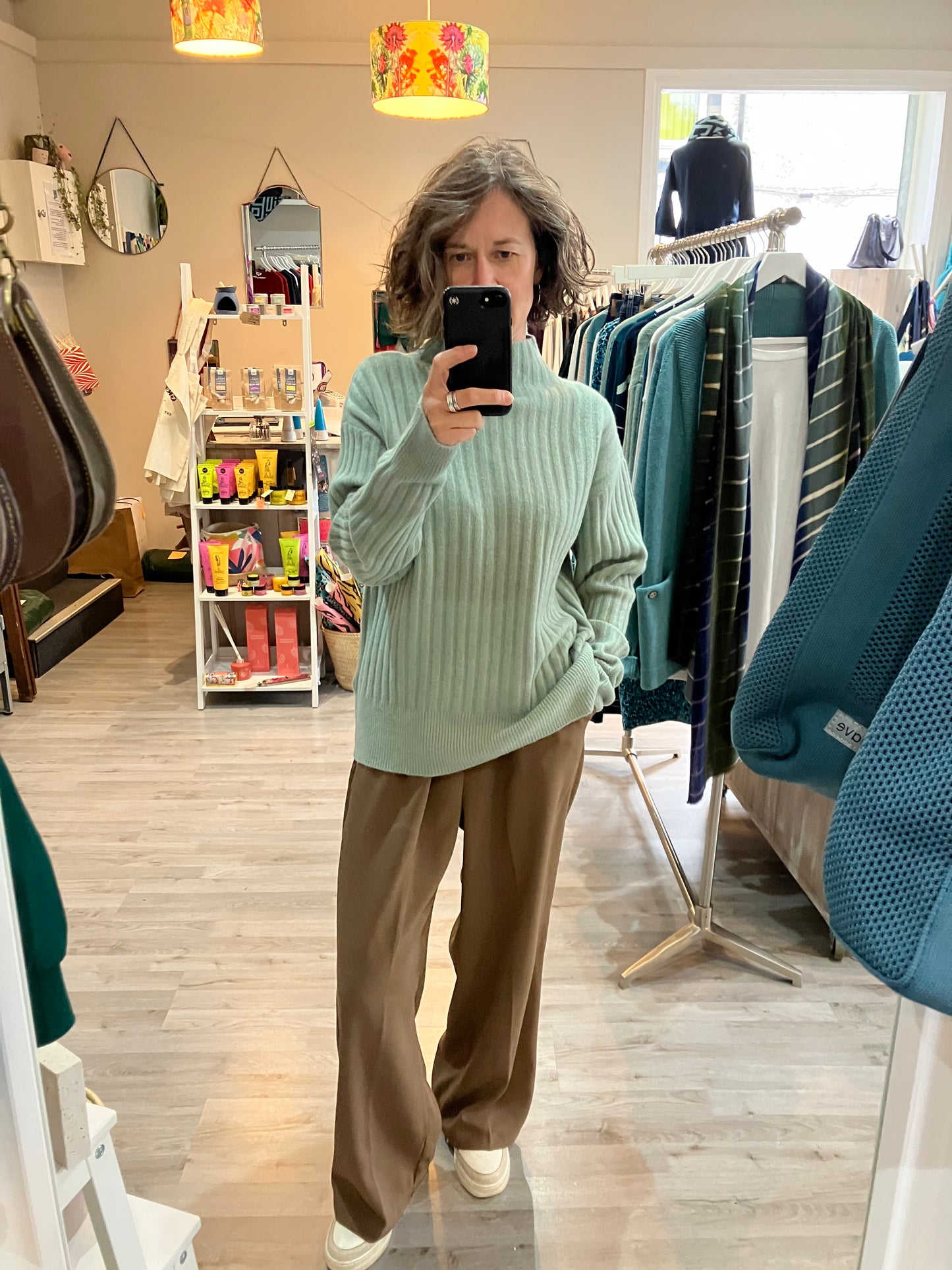 Yaya ribbed turtleneck sweater with long sleeve in jade green melange