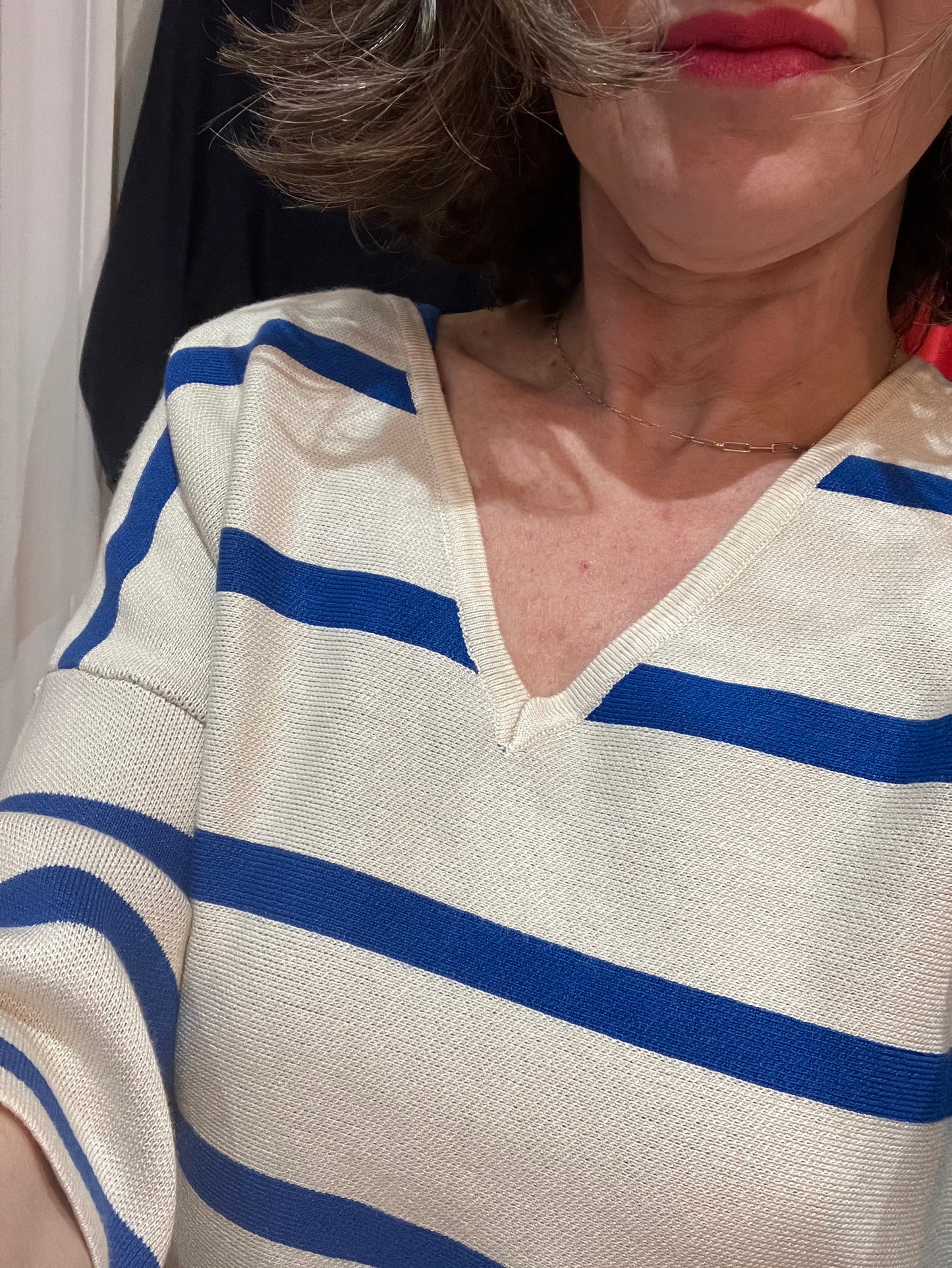 Yest Raine beige and cobalt stripe v neck sweater