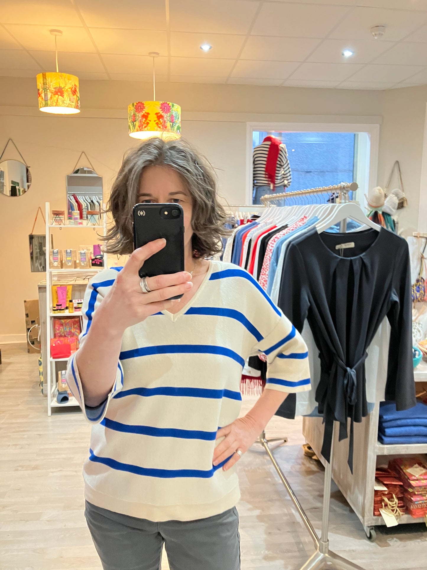 Yest Raine beige and cobalt stripe v neck sweater