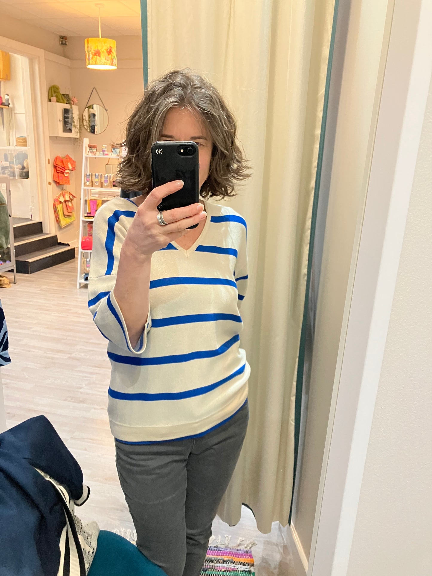 Yest Raine beige and cobalt stripe v neck sweater