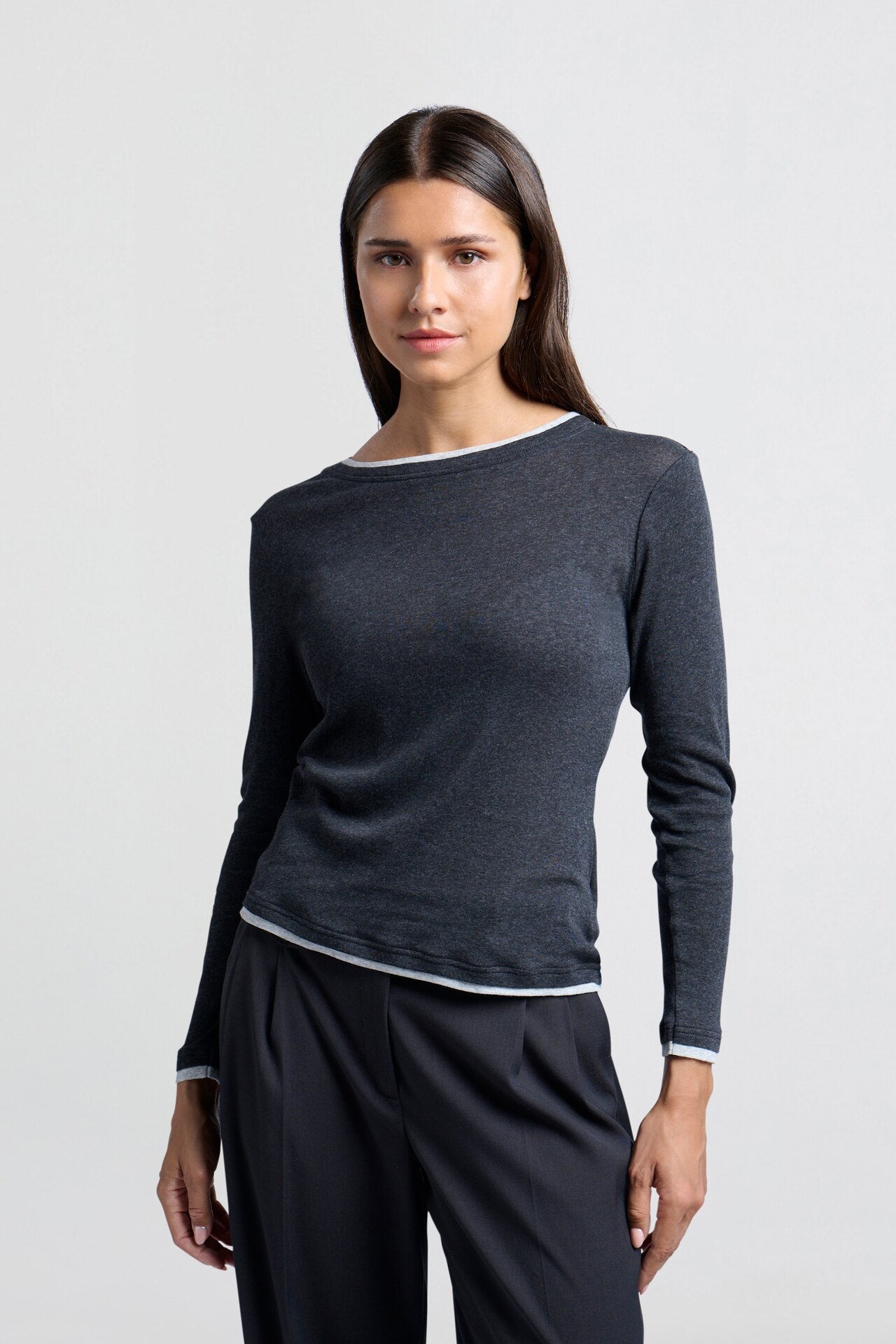 Yaya dark grey top with long sleeves and contrast neck trim