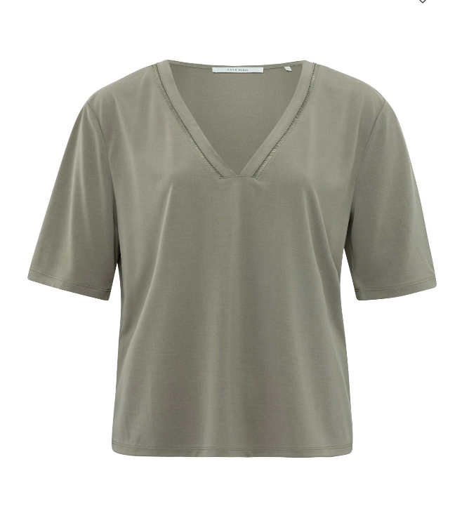 Yaya modal tee with tape neckline detail in army green