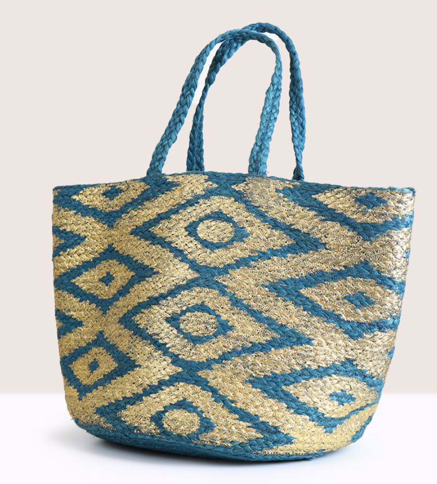 POM dusky blue jute beach bag with gold over print - last one!