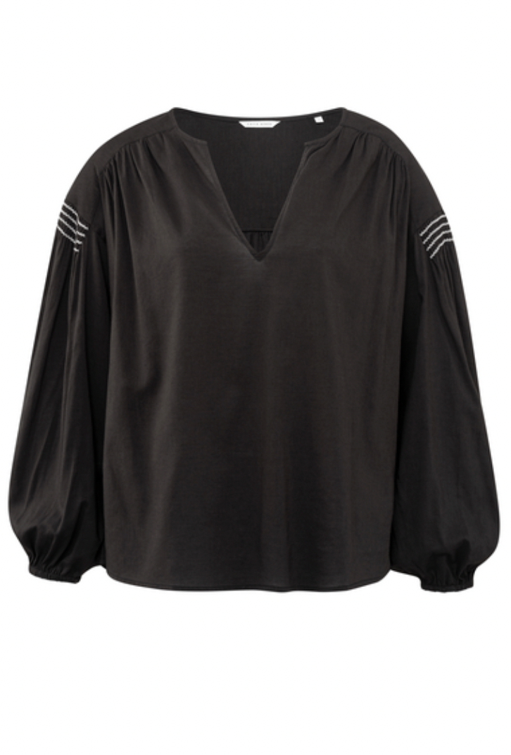 Yaya long sleeved top with v neck and smock details in licorice black