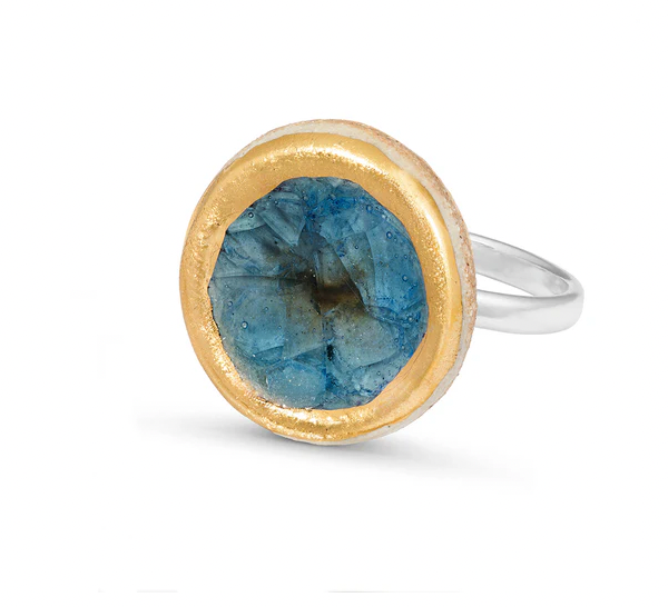 Recycled glass large round adjustable ring in blue reef