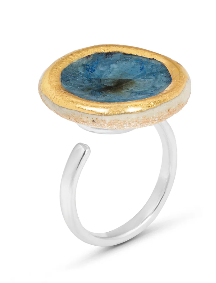 Recycled glass large round adjustable ring in blue reef