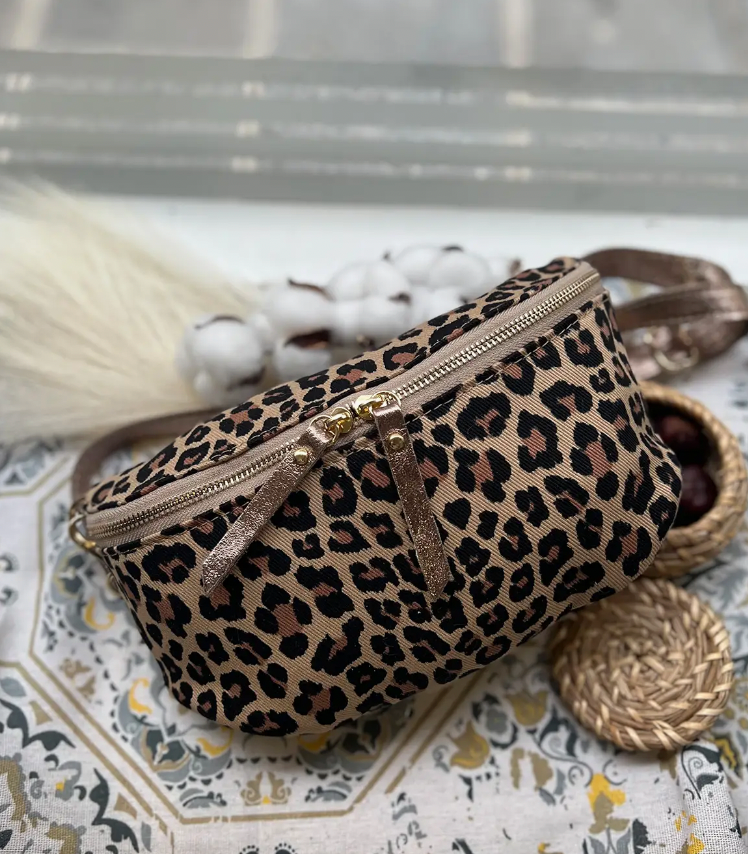 Italian made crossbody leopard print fabric bag with leather trims