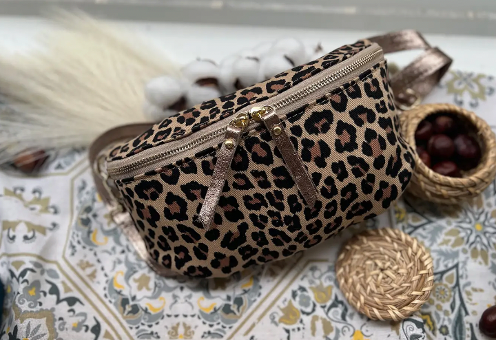 Italian made crossbody leopard print fabric bag with leather trims