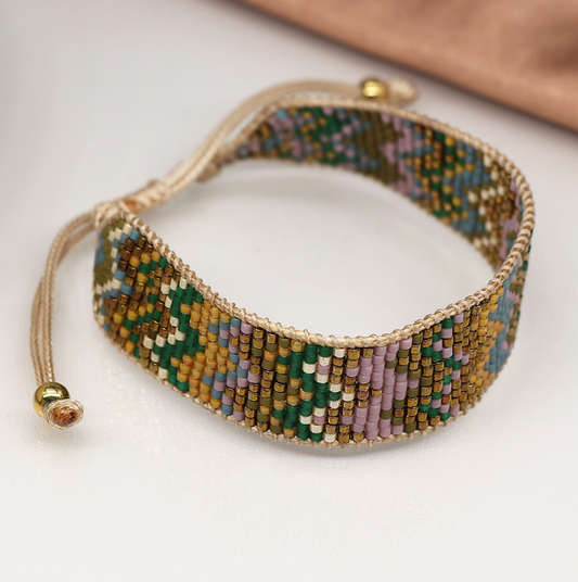 Pom adjustable woven earthy mix zig zag bracelet