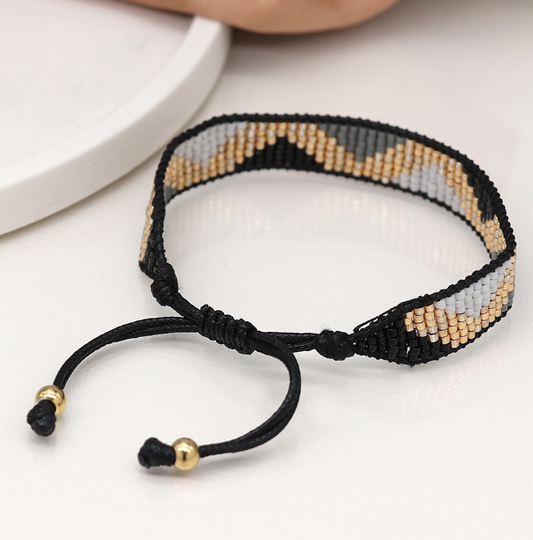 Pom adjustable woven black mix bold zig zag bracelet