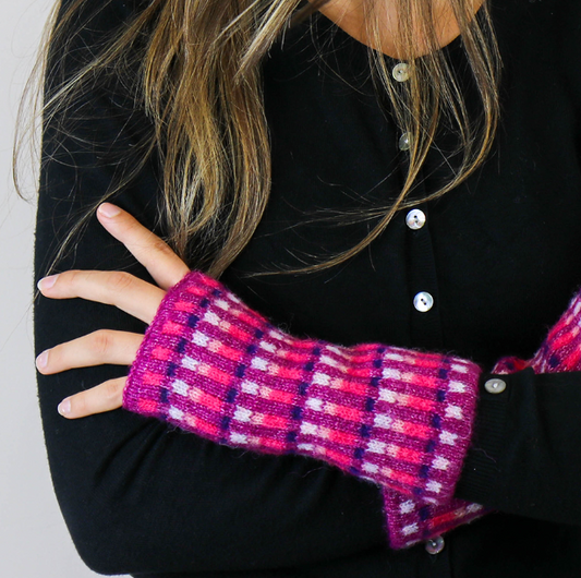 Pom purple and pink mix offset stripe hand warmer gloves