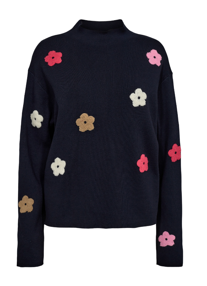 Numph Nuflow sweater with flower detail in dark sapphire navy