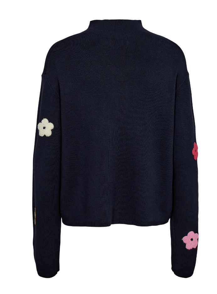 Numph Nuflow sweater with flower detail in dark sapphire navy