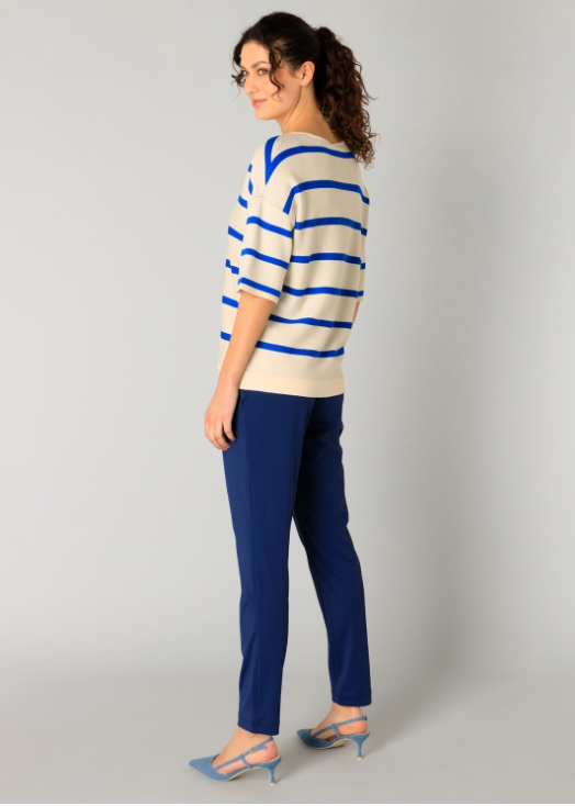 Yest Raine beige and cobalt stripe v neck sweater