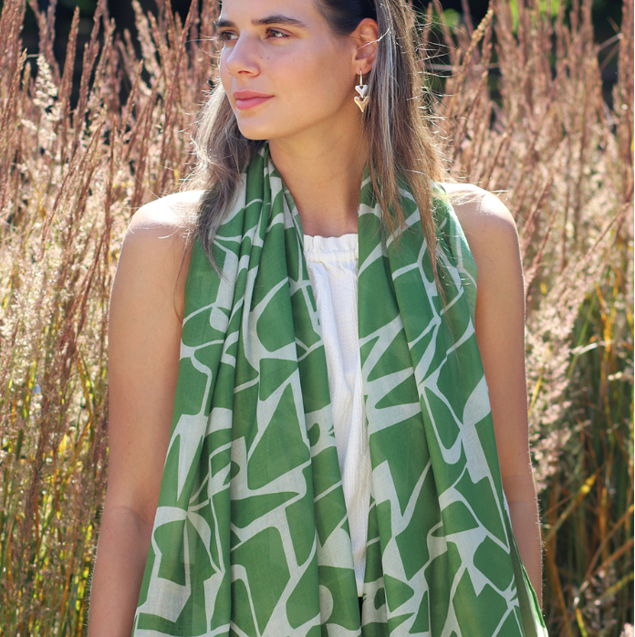 POM Green and ecru abastract shatter print Repreve scarf