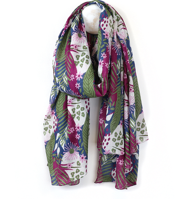 POM Organic cotton plum, blue and green mix botanical scarf