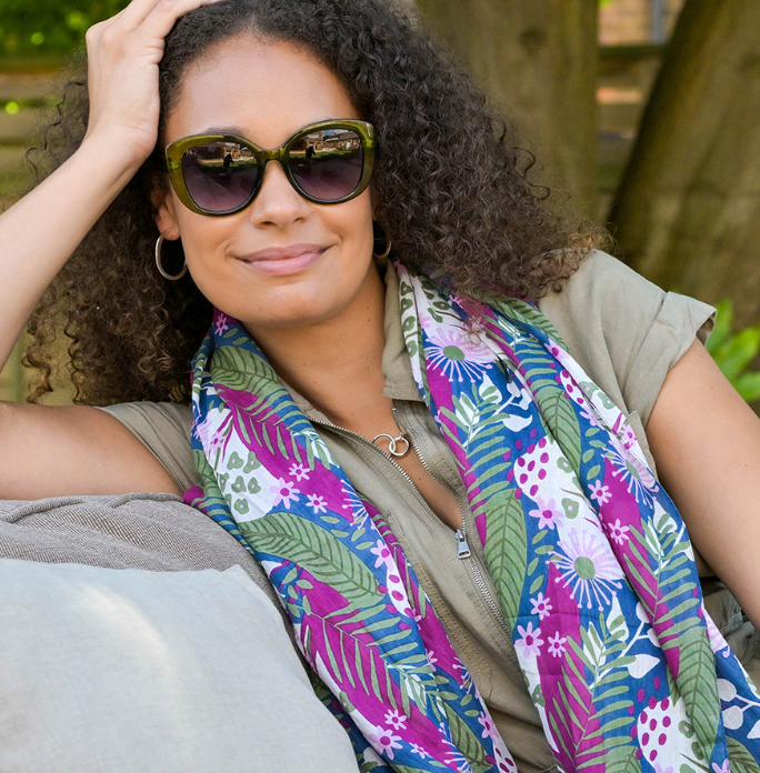 POM Organic cotton plum, blue and green mix botanical scarf