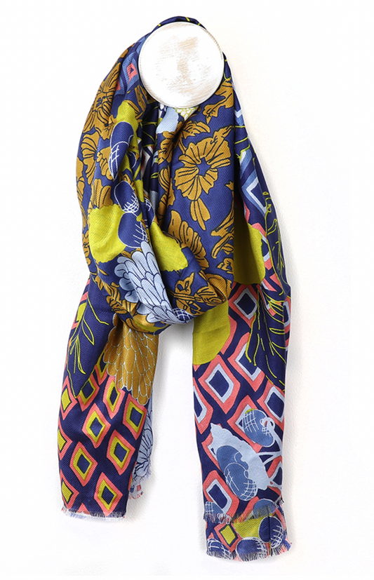 POM Bamboo viscose twill blue and yellow dahlia print