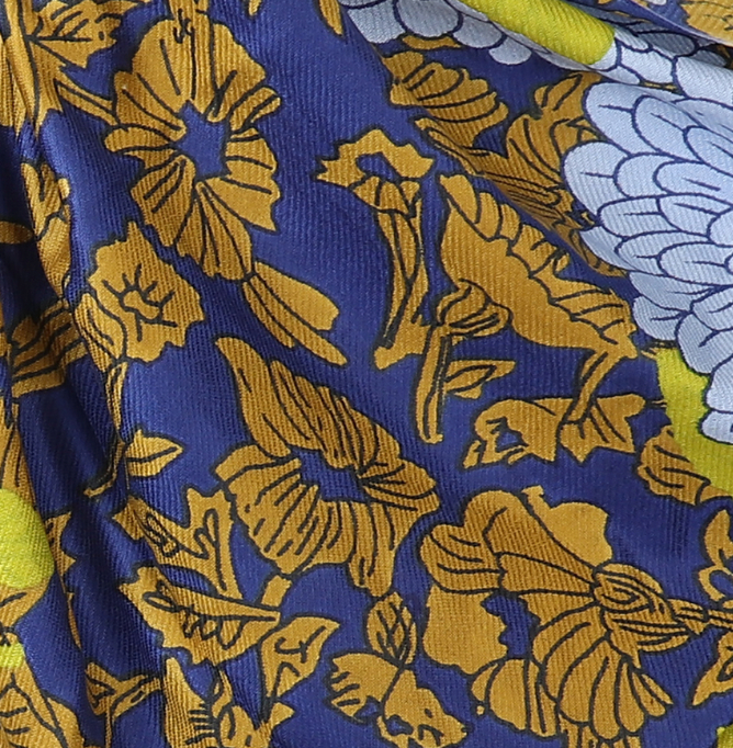 POM Bamboo viscose twill blue and yellow dahlia print