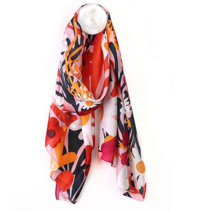 POM vibrant red and orange poppies and daisies print recycled material scarf