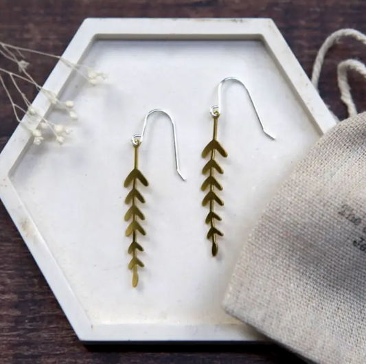 The Old Farmhouse brass long fern earrings with sterling silver hook