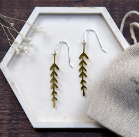 The Old Farmhouse brass long fern earrings with sterling silver hook