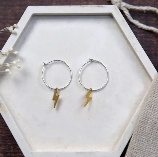 The Old Farmhouse brass lightning bolt hoop earrings with sterling silver fitting