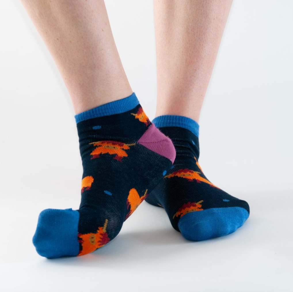 Doris & Dude Highland cow navy and orange trainer socks