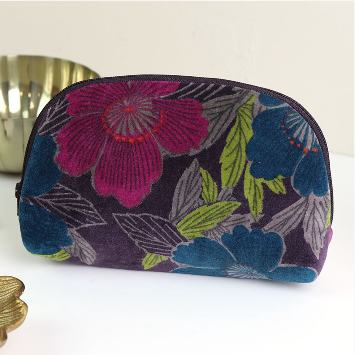 POM Plum and teal mix floral cotton velvet make up bag