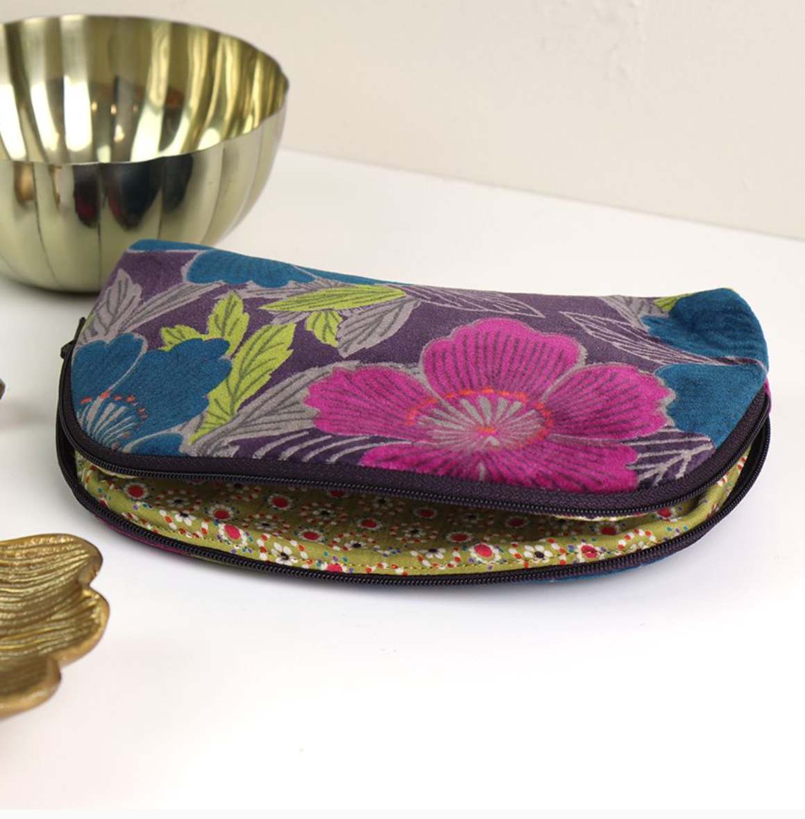 POM Plum and teal mix floral cotton velvet make up bag