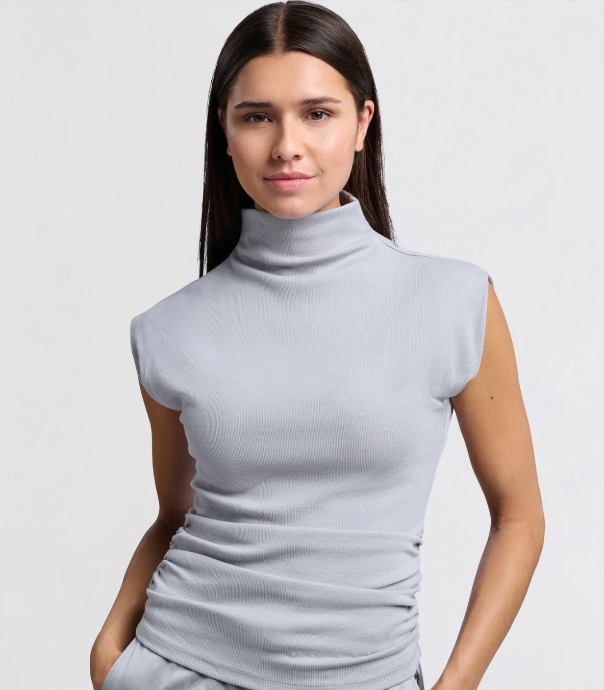 Yaya sleeveless top with high drape neck in formal grey