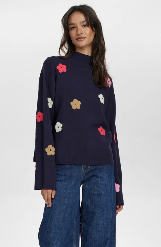 Numph Nuflow sweater with flower detail in dark sapphire navy