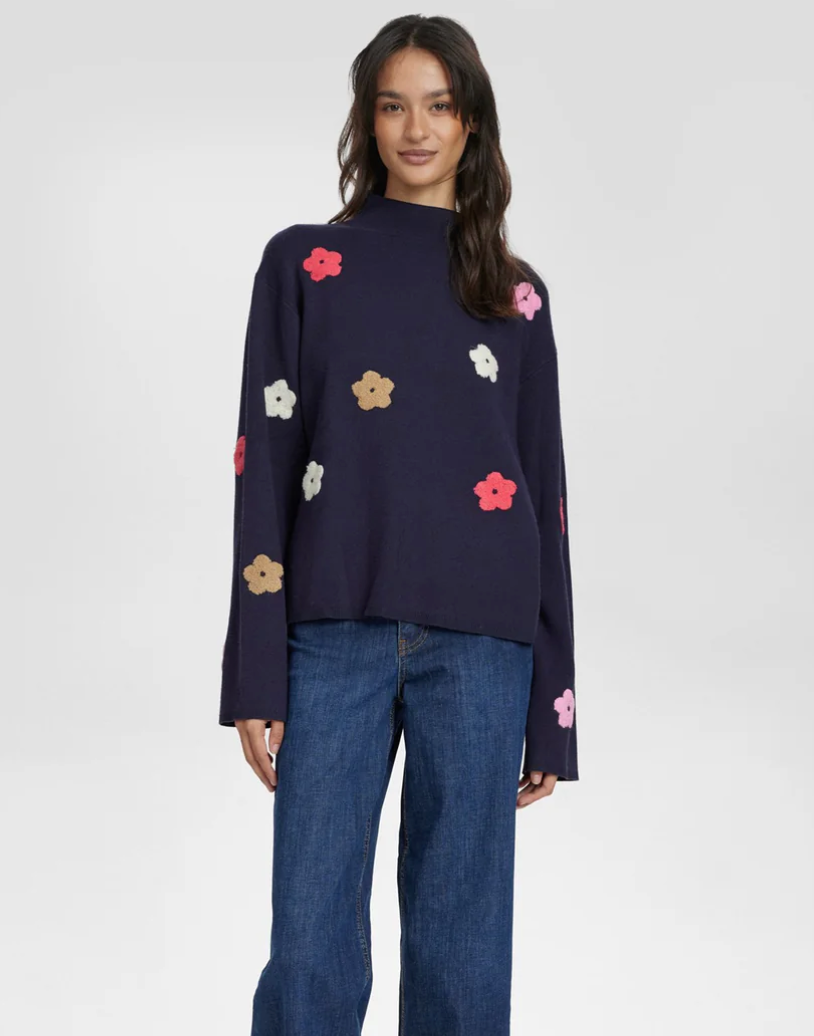 Numph Nuflow sweater with flower detail in dark sapphire navy