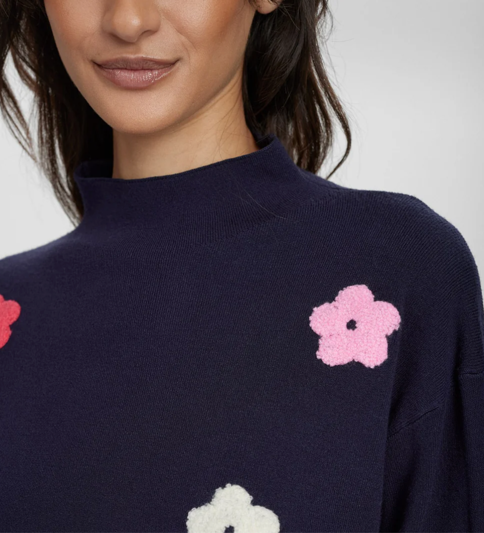 Numph Nuflow sweater with flower detail in dark sapphire navy