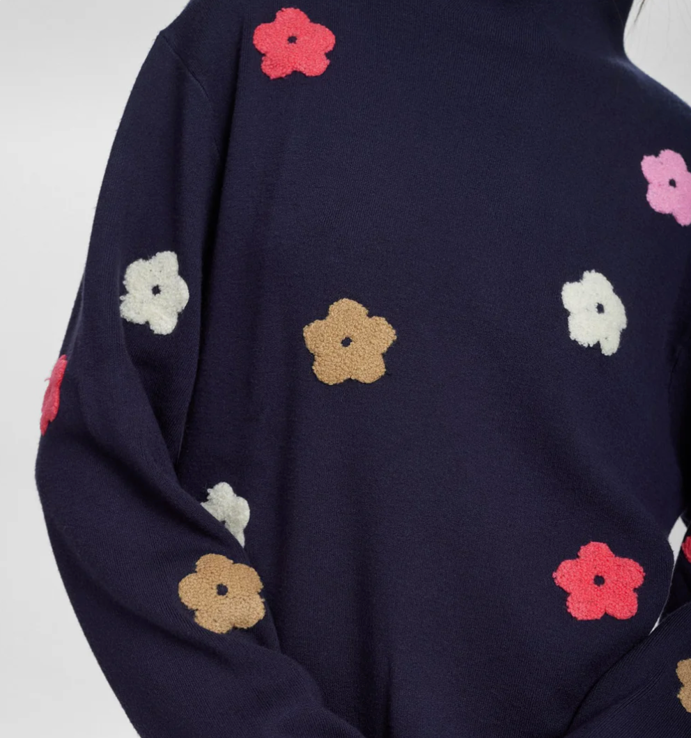 Numph Nuflow sweater with flower detail in dark sapphire navy