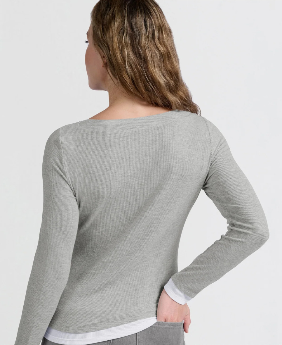 Yaya faux double layer top with boatneck in grey