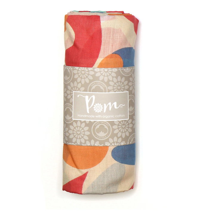 POM Organic cotton scarf with blue, pink and orange on ivory background