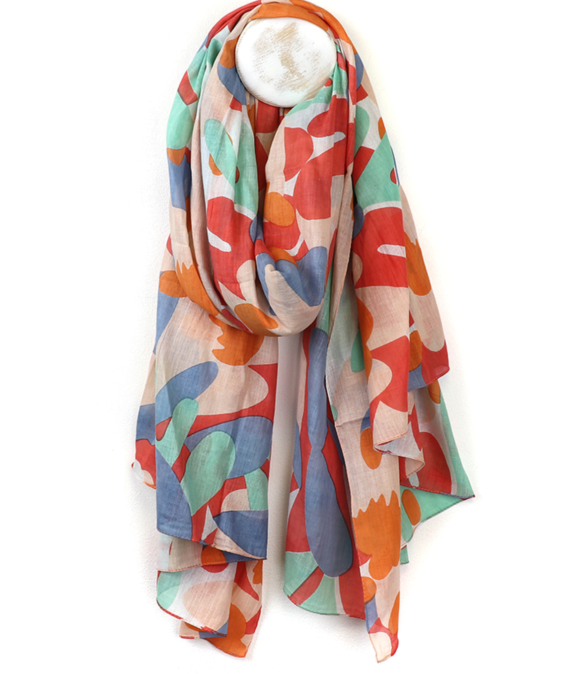 POM Organic cotton scarf with blue, pink and orange on ivory background