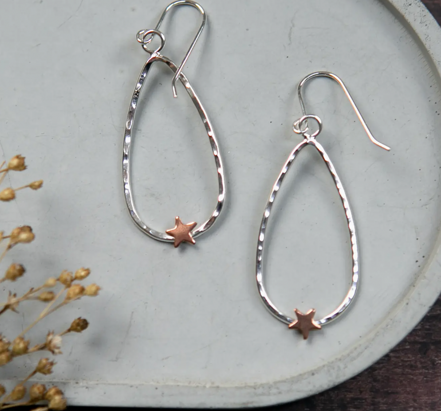 The Old Farmhouse teardrop drop sterling silver earrings with copper accent star